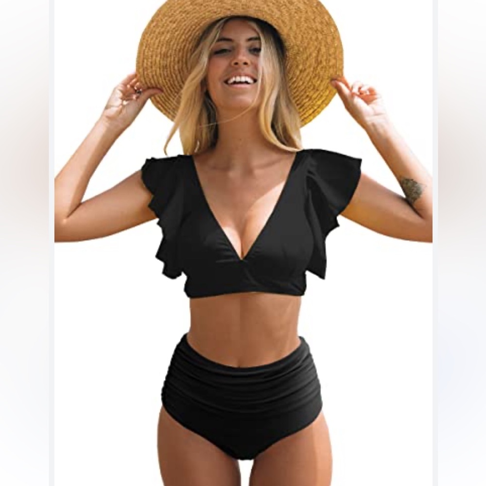 Two Piece Bikini Set Stripe Full Coverage Swimsuit Tummy Control Padded M